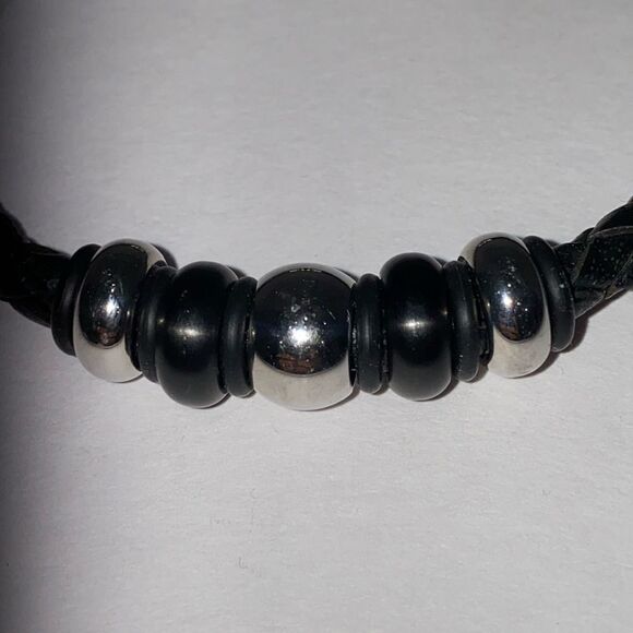 Mens Black Leather Bracelet Engraved - Fathers Day Gift  Men\'s Black Braided Leather Stainless Steel 316L Bracelet